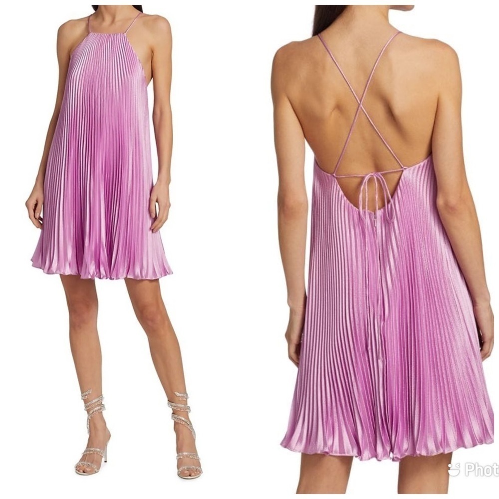 ML Monique Lhuillier Satin Halter Minidress Hazy Orchid Pink Purple‎ Pleated 6